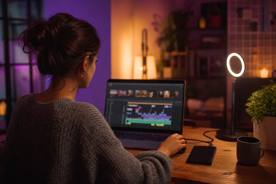 Laptop on a creator's desk showing a video editing timeline next to an external hard drive and a ring light