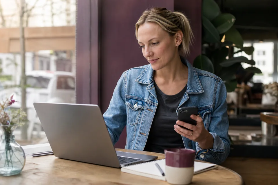 Adult woman at a cafe table comparing two creator platforms on a laptop and a phone