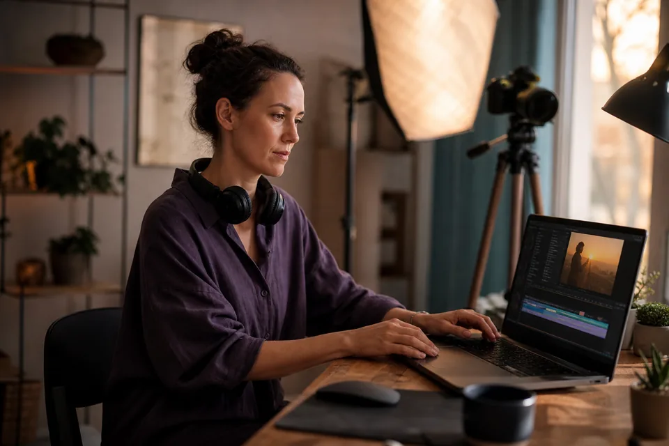Adult woman editing a long video timeline on a laptop in a home studio with headphones