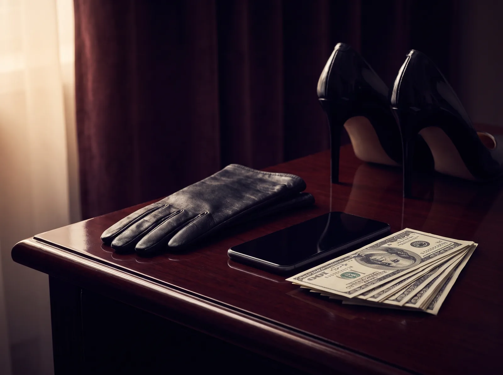 Black leather glove, smartphone and a stack of US dollar bills on a dark desk