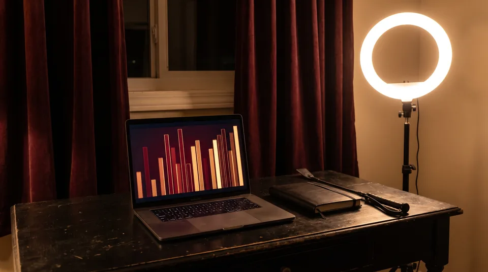 Creator desk at night with a laptop showing an earnings chart, a ring light and a riding crop