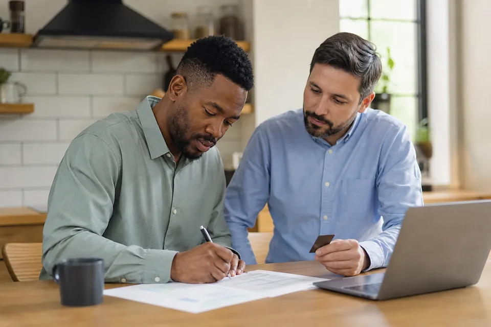 Two adult men at a kitchen counter reviewing a printed release form before a shoot