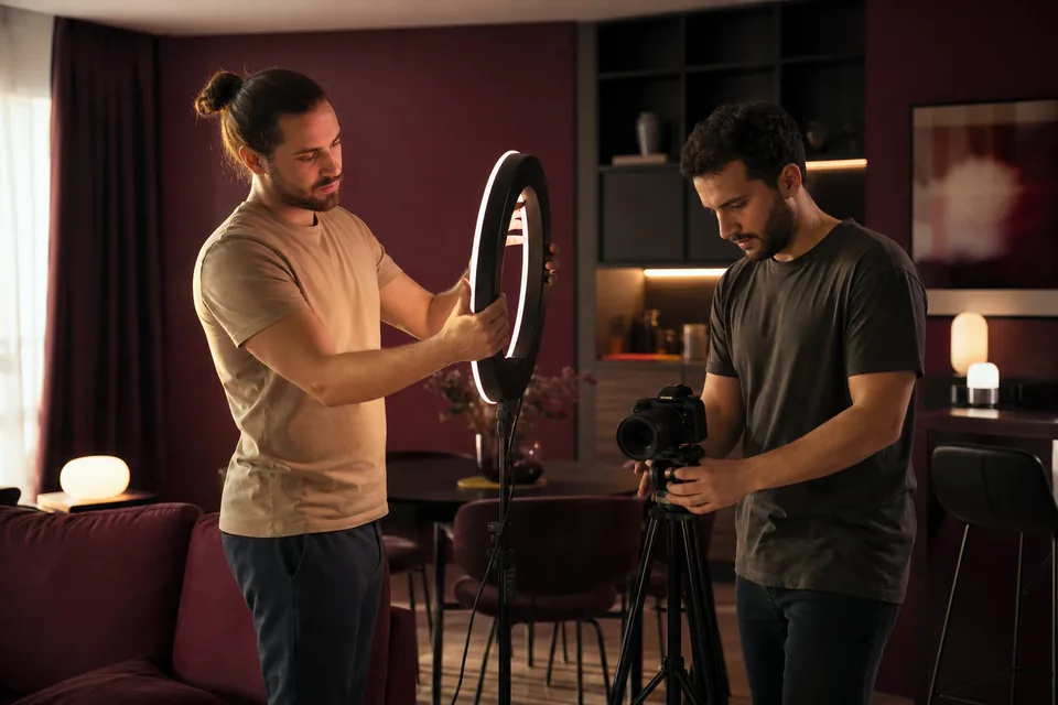 Two adult men around thirty setting up a ring light and camera in an apartment