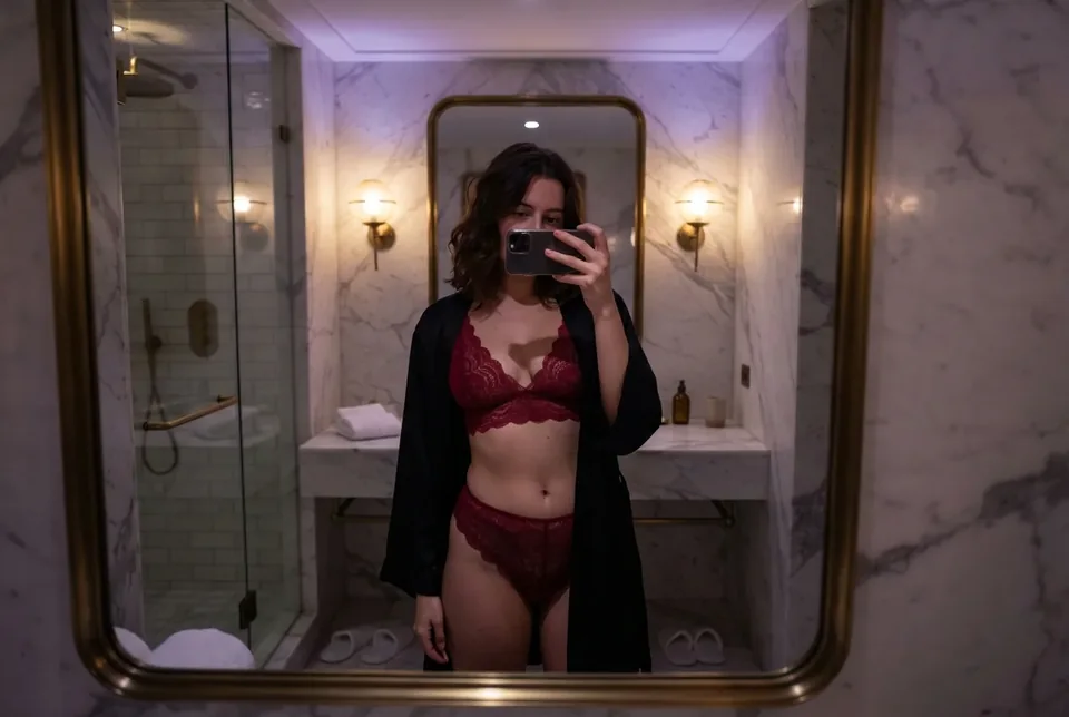 Adult woman in red lingerie and a black robe taking a mirror selfie in a marble bathroom