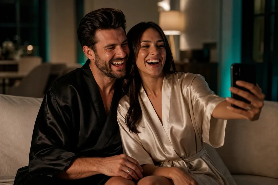 Adult couple in satin robes laughing while taking a selfie on a sofa