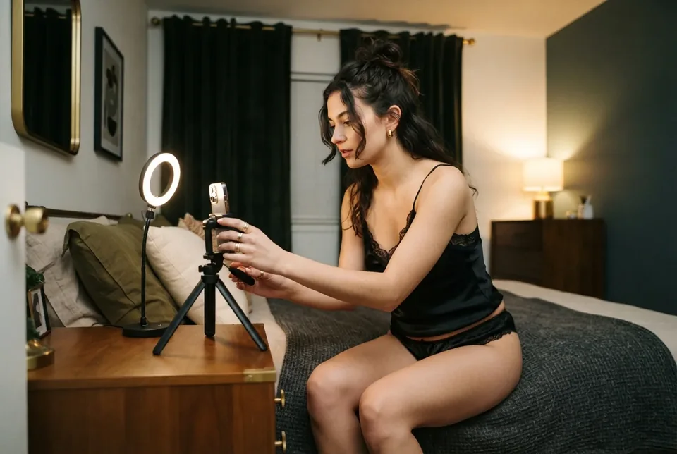 Adult woman in black lingerie filming herself with a phone on a tripod next to a ring light in a dim bedroom