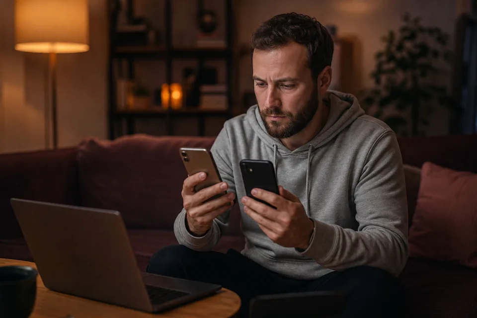 Adult man on a sofa comparing two phones side by side