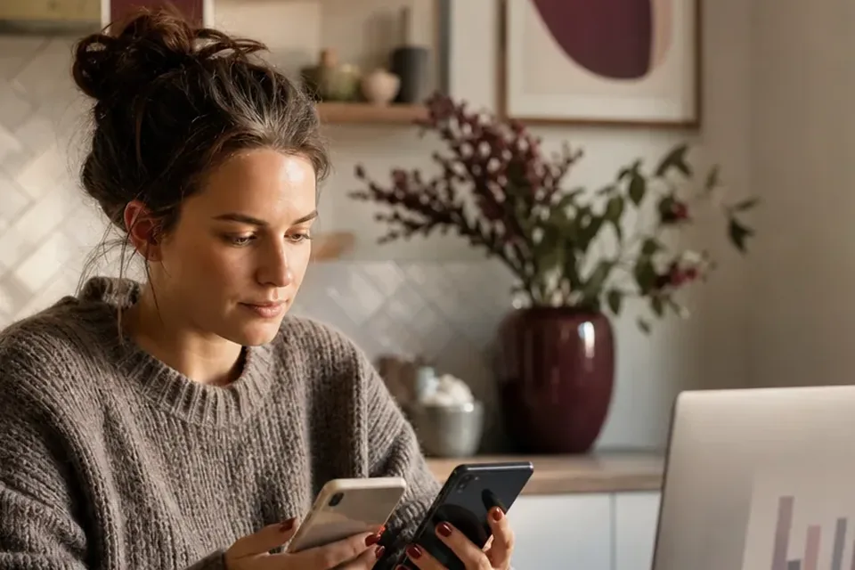 Adult woman at a kitchen table comparing two phones next to a laptop and a handwritten pros and cons list