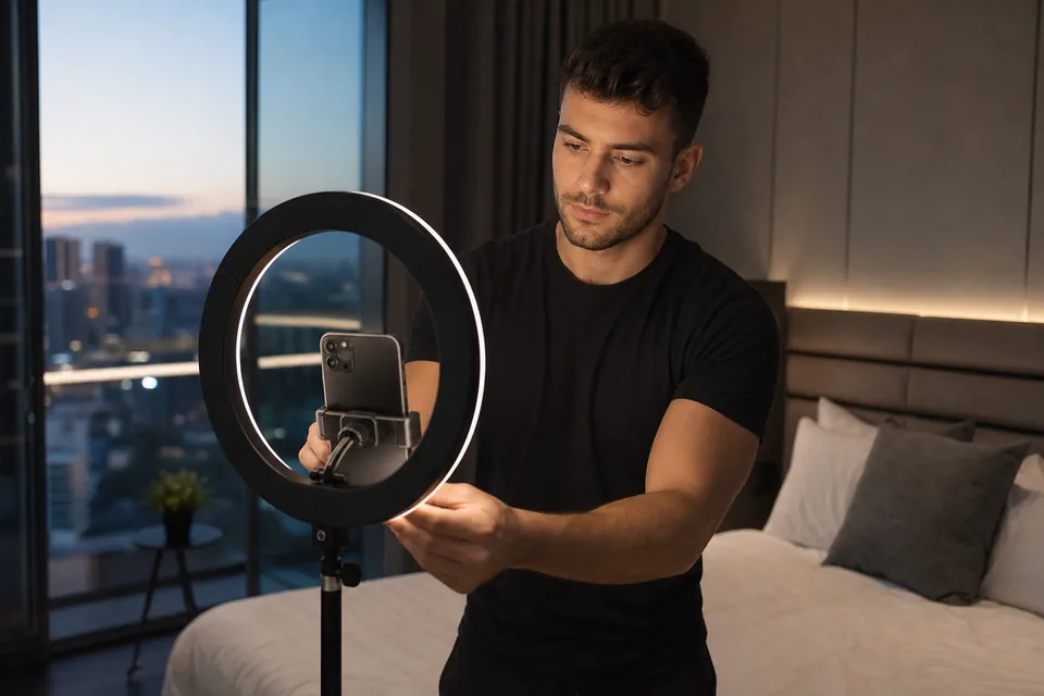 Adult man setting up a smartphone on a tripod with a ring light in his apartment