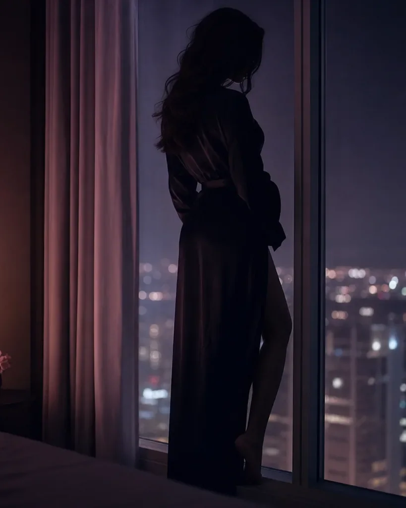 Silhouette of an adult woman in a long robe by a window over a city at night