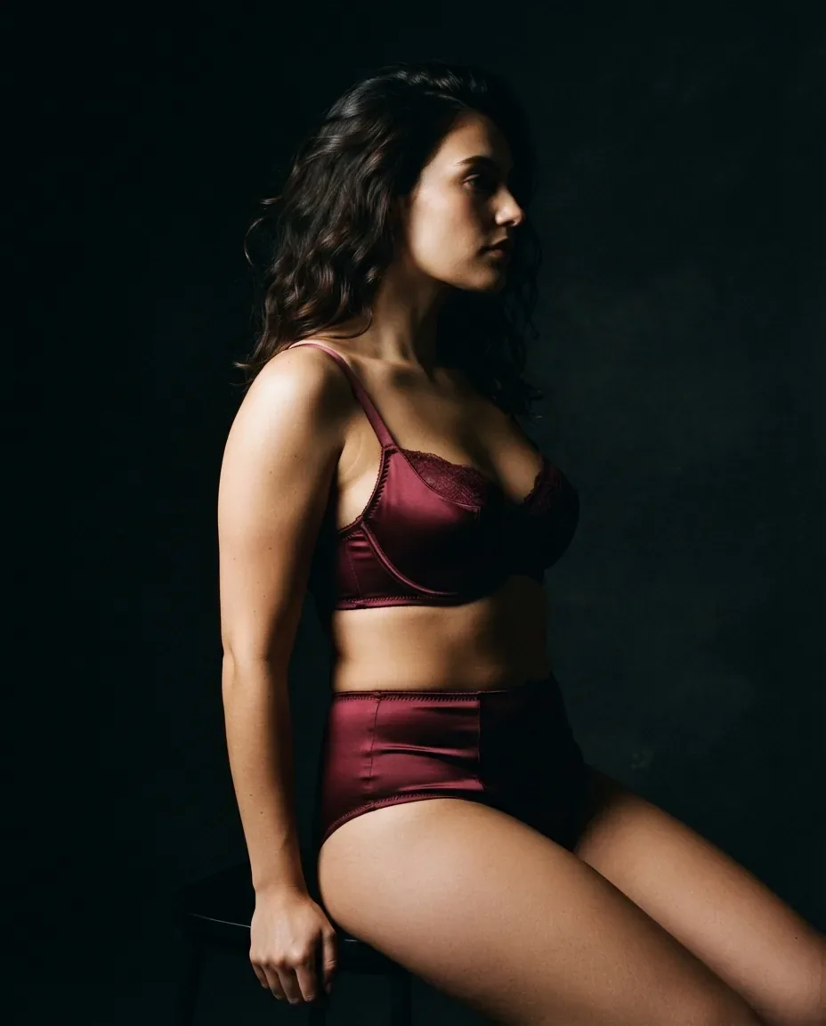Adult woman in burgundy satin lingerie sitting in a single beam of light against a black background