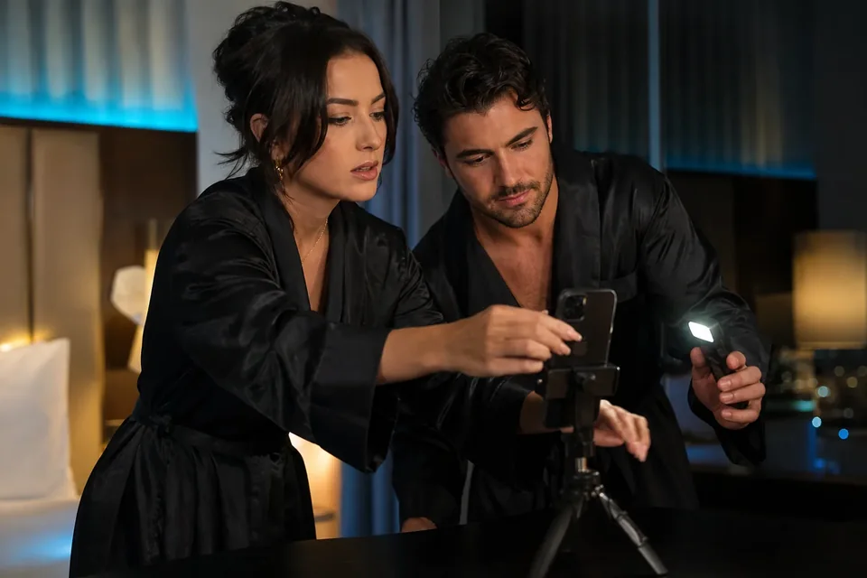 Adult couple in black satin robes setting up a phone on a tripod in a hotel suite