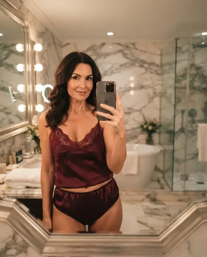 Adult woman in burgundy satin lingerie taking a mirror selfie in a marble bathroom