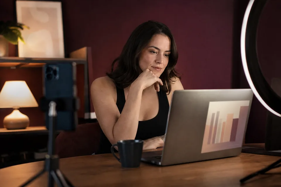 Adult woman at a desk reviewing an earnings dashboard on a laptop with a phone on a tripod beside her