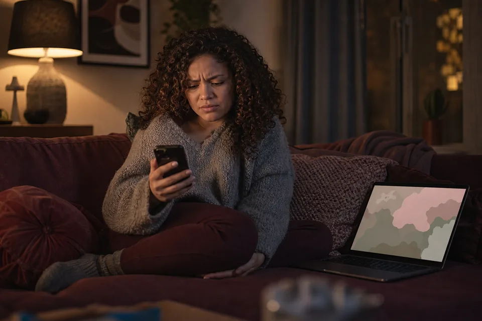 Adult woman on a sofa checking her phone with a laptop open beside her in the evening