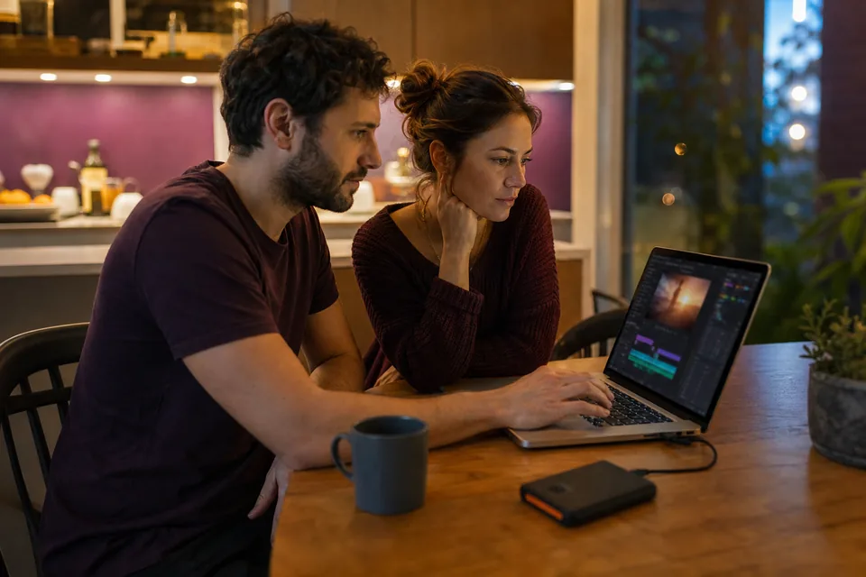 Adult creator couple editing a video clip together on a laptop at a kitchen table