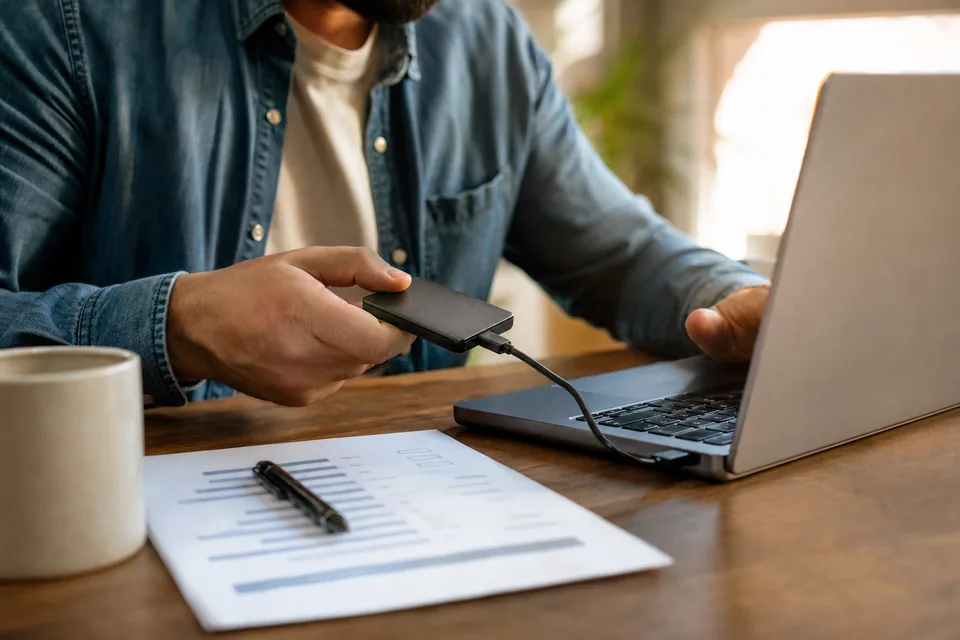 Hands plugging an external SSD into a laptop beside a printed checklist and a pen