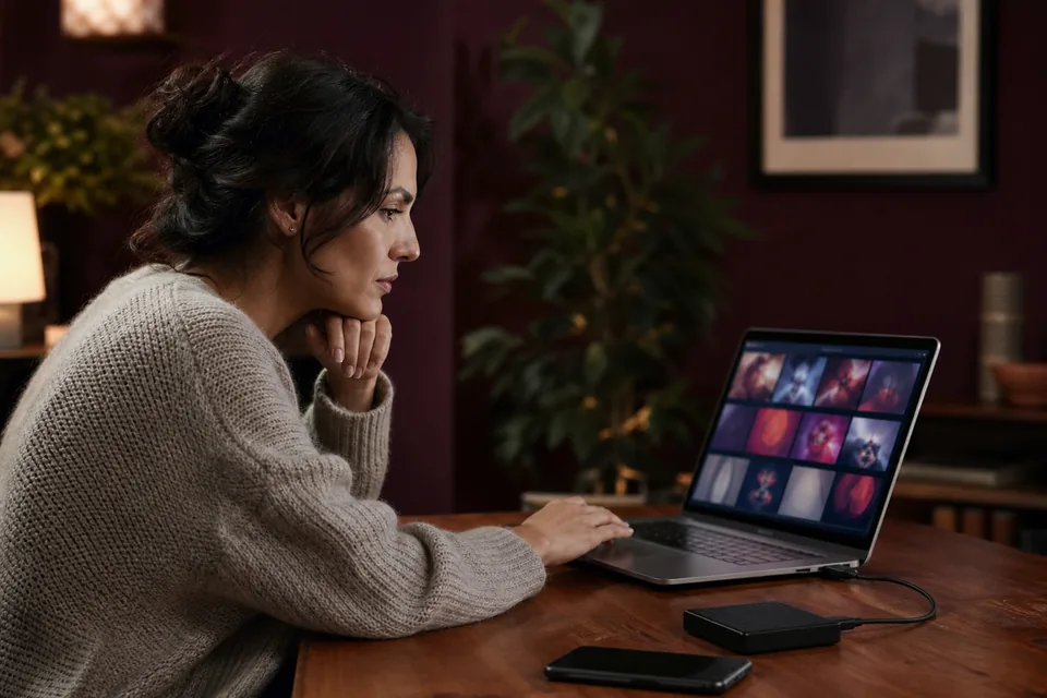 Adult woman at a home desk copying video files from a laptop to an external drive at night