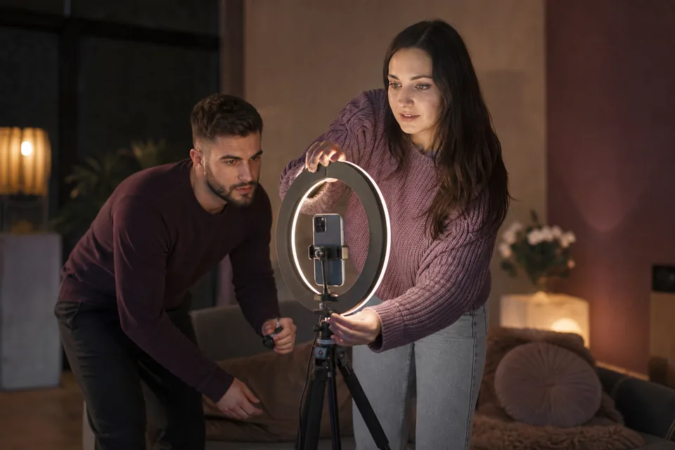 Adult couple in their thirties setting up a ring light and phone tripod in a living room