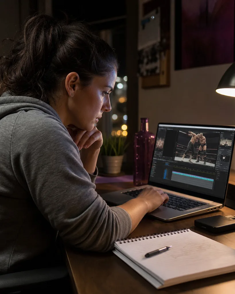 Adult woman in a hoodie editing a wrestling clip on a laptop at night next to a notepad of clip titles