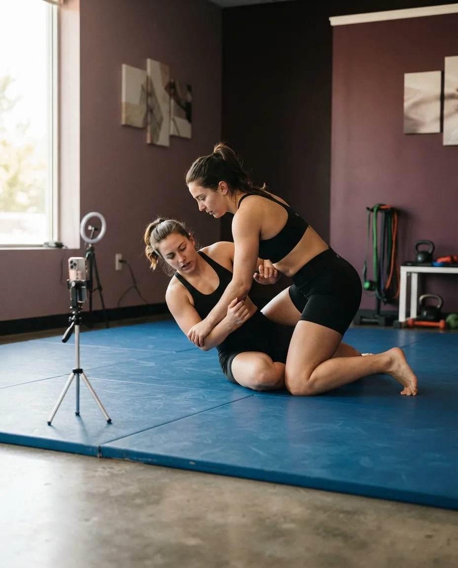 Two adult women grappling on a padded mat while a phone on a tripod films the match
