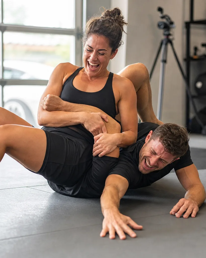 An adult man and woman in athletic wear in a playful wrestling hold on a padded mat in a home gym